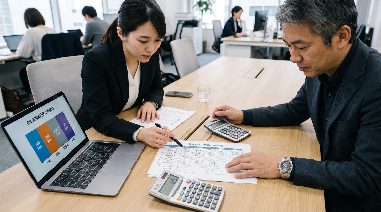 資本政策表を挟んでの打ち合わせ